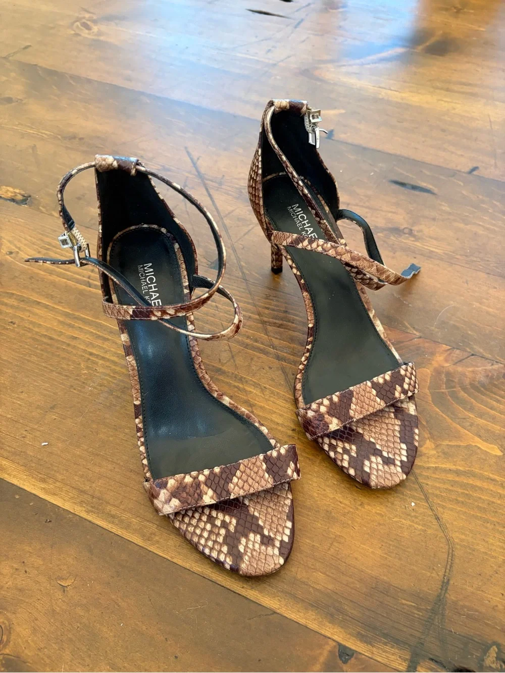 Michael Kors Brown Snake-Print Strappy Ankle-Heel Sandals